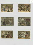 Trade cards depicting jars of meat, bible stories, a wizard, acrobats, building a wall with jars and fencing with jars for shields and spoons for swords.