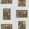Trade cards depicting jars of meat, biblical stories, characters, women in kimonos, an umbrella, a bird.