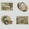 [Trade cards depicting jars of meat, a family hiking in the woods, children arriving at a woman's house, a card shaped like a painting palette depicting sailboats, and a card shaped like a fan depicting flowers and a bow.]