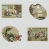 Trade cards depicting jars of meat, a family hiking in the woods, children arriving at a woman's house, a card shaped like a painting palette depicting sailboats, and a card shaped like a fan depicting flowers and a bow.
