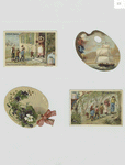 Trade cards depicting jars of meat, a family hiking in the woods, children arriving at a woman's house, a card shaped like a painting palette depicting sailboats, and a card shaped like a fan depicting flowers and a bow.