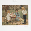 Right or Left [depicting young girls with dolls in stroller, rocking chair, bucket and shovel, with blossoming trees].