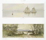 Two Fishermen; Camden Me. Blue Hills [prints depicting fishermen on sailboats, coastal landscape with trees, mountains, and houses].