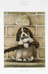 Age 4 Weeks [Christmas and New Year card depicting portrait of dog  with stick and brick wall].