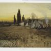 The Gypsy Camp [print depicting tents, people, bonfire, mule, grasslands and trees].
