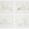 Outlines depicting children: playing with a puppy, feeding chickens, feeding each other, crying and comforting.