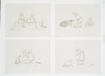 Outlines depicting children: playing with a puppy, feeding chickens, feeding each other, crying and comforting.