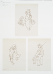 Outlines depicting children: dressed up, bowing, with an umbrella and hatbox, with a fishing pole and ducks.
