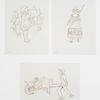 Outlines depicting a boy blowing a horn, a shepherdess and a boy carrying a bride in a wheelbarrow.