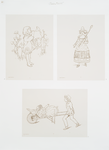 Outlines depicting a boy blowing a horn, a shepherdess and a boy carrying a bride in a wheelbarrow.