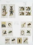 Golden Treasures: Valentines and Christmas cards depicting cats dressed in clothes, women, spades, clubs, hearts, diamonds, clovers, paint palettes, horseshoes, candles, peas, a pocket watch, trumpets, shoes, lanterns, keys, chestnuts and a banjo.