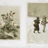 Prints entitled 'the last rose of summer' and 'strolling musicians,' depicting a flower with a human face, cobwebs, snow, hoboes and trees.]
