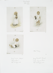 Christmas cards depicting children holding a cat, Christmas stockings and a rooster toy.