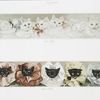 Prints entitled 'at the party' and 'the minstrels,' depicting white cats with ribbons around their necks and black cats with ruffled collars.