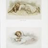 Prints entitled 'wide awake' and 'fast asleep,' depicting a girl using a dog as a pillow and a girl sleeping in bed with a doll.