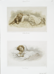 Prints entitled 'wide awake' and 'fast asleep,' depicting a girl using a dog as a pillow and a girl sleeping in bed with a doll.