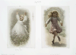 Prints entitled 'budding life' and an untitled print, depicting a child in a flower patch catching butterflies and a girl jumping rope.