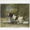 A print entitled 'Kay,' depicting a Saint Bernard laying in the forest