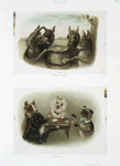 Prints entitled 'high-low jacks' and 'euchre,' depicting donkeys playing cards on a barrel, outside with chipmunks and dogs playing cards on a table.