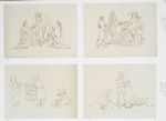 Outline prints entitled 'Jesus blessing little children,' 'Jesus entry into Jerusalem' and others depicting children washing dishes and feeding chickens.
