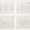 Outline prints depicting children jumping rope, feeding chickens and holding back a dog.