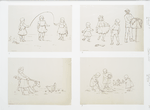 Outline prints depicting children jumping rope, feeding chickens and holding back a dog.