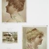 Prints entitled 'Estella' and 'Celestine'; a card depicting chickens, duck, a horse, a dog and a girl feeding a cat in a barnyard.