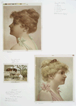 Prints entitled 'Estella' and 'Celestine'; a card depicting chickens, duck, a horse, a dog and a girl feeding a cat in a barnyard.