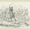 Hunters, riders (one brandishing a whip) and hounds chasing a rabbit