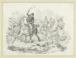 Hunters, riders (one brandishing a whip) and hounds chasing a rabbit