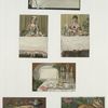 Trade cards depicting food displays, cakes, fruits, poultry, fish, seasonings and tea.