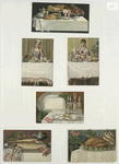Trade cards depicting food displays, cakes, fruits, poultry, fish, seasonings and tea.