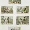 Trade cards depicting courtship, a wedding, a road, flowers, a dog, a duck and a windmill.