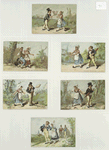 Trade cards depicting courtship, a wedding, a road, flowers, a dog, a duck and a windmill.