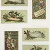 Trade cards depicting mushrooms, logs, rocks, strawberries, flowers, butterflies, a bird and children climbing a shelf to eat fruit preserves.