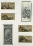 Trade cards depicting puppies, kittens, birds, an owl, a peacock, baskets, flowers, leaves and the moon.