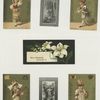 Trade cards depicting flowers, views of a river and waterfall, and women form various countries : Italy, Switzerland, Sweden and Russia.