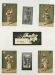 Trade cards depicting flowers, views of a river and waterfall, and women form various countries : Italy, Switzerland, Sweden and Russia.