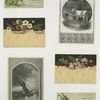 Trade cards depicting frogs, leapfrog, cows, a sailboat, strawberries, birch bark and flowers.