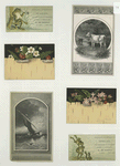 Trade cards depicting frogs, leapfrog, cows, a sailboat, strawberries, birch bark and flowers.