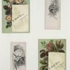 Trade cards depicting flowers a fan, a hummingbird and a sinking ship.