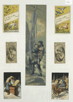 Cigarette cards entitled 'between the acts & bravo' of Minnie Cummings and Maud Granger ; trade cards depicting birds, Santa Clause, gifts, chimneys, a reindeer drawn sleigh, the ocean, a woman and child being saved by a man using a basket and pulley device.