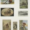 Trade cards depicting horseback riding, a horse and carriage, hunting dogs, parasols, the beach, boats, a couple, a donkey and book reading ; a cigarette card entitled 'between acts & bravo' of Lester Wallack.