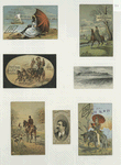 Trade cards depicting horseback riding, a horse and carriage, hunting dogs, parasols, the beach, boats, a couple, a donkey and book reading ; a cigarette card entitled 'between acts & bravo' of Lester Wallack.