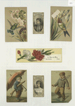 Trade cards depicting hummingbirds, flowers, children, ice and an umbrella ; cigarette cards entitled 'between the acts & bravo' of Emma Celia Thursby and Etelka Gerster.