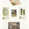 Trade cards depicting a fan, an owl playing a musical instrument, a frog fishing, home decorations and girls : with parasols, smelling a pansy and wearing muffs.