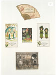 Trade cards depicting a fan, an owl playing a musical instrument, a frog fishing, home decorations and girls : with parasols, smelling a pansy and wearing muffs.