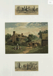 Trade cards depicting women, a man horseback riding, a water trough, the ocean, children, a farm, and cows