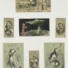 Trade cards depicting frogs, leapfrog, a frog's laboratory and a boy dressed in red with a bow and arrow ; cigarette cards entitled 'between the acts & bravo' of J. K. Emmet, O'Leary and Caimee.