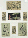 Trade cards depicting frogs, leapfrog, a frog's laboratory and a boy dressed in red with a bow and arrow ; cigarette cards entitled 'between the acts & bravo' of J. K. Emmet, O'Leary and Caimee.